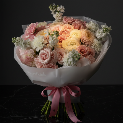 Close-up of blush pink lisianthus white ranunculus cream chrysanthemums and white stock in white tissue wrap on dark marble – SweetPetals blush cloud luxury round bouquet