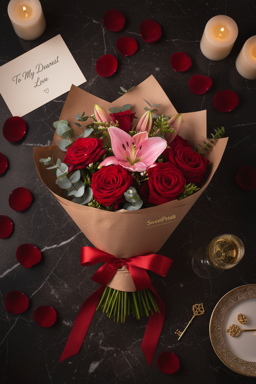 Flat lay red rose and pink lily bouquet with champagne and love note on marble – SweetPetals romantic flower delivery