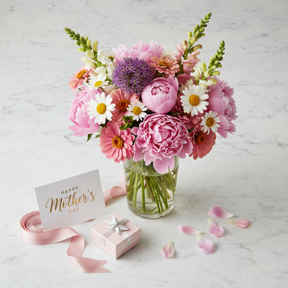 May spring flower bouquet gift set with peonies and allium in glass vase with Mother's Day card - SweetPetals NYC flower delivery