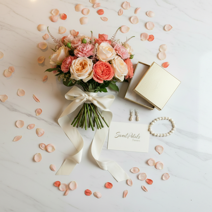 Flat lay peach blossom garden bouquet with gold gift box on marble – SweetPetals luxury peach and coral rose gift delivery