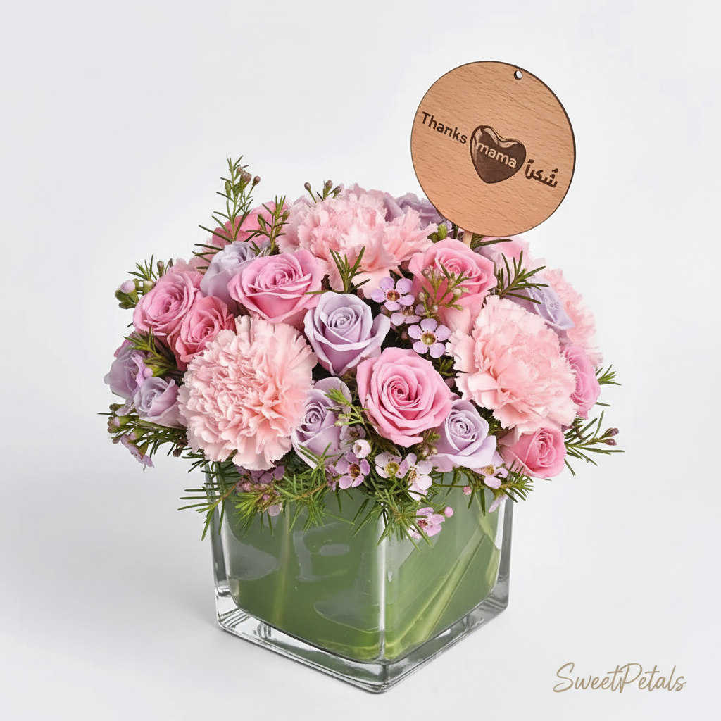 Thanks Mama pink rose carnation arrangement in glass vase 3/4 angle – SweetPetals luxury flowers NYC