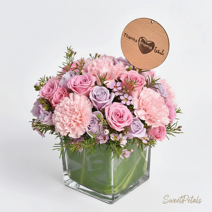 Thanks Mama pink rose carnation arrangement in glass vase 3/4 angle – SweetPetals luxury flowers NYC