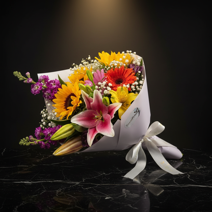 Close-up of golden sunflowers pink lily red yellow gerbera daisies and white baby's breath in white wrap on dark marble – SweetPetals sunshine garden luxury mixed bouquet
