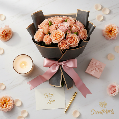 Peach rose bouquet flat lay with gold candle pink gift box rose petals – SweetPetals luxury gifting NYC