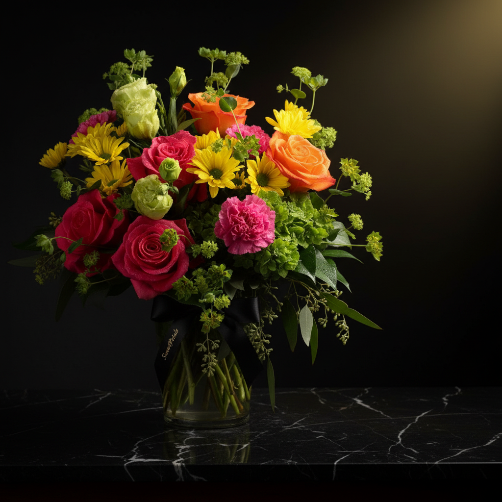 Close-up of hot pink roses orange roses yellow daisy pompons pink carnations and lime green accents in clear glass vase on dark marble – SweetPetals festive sunrise luxury vase arrangement
