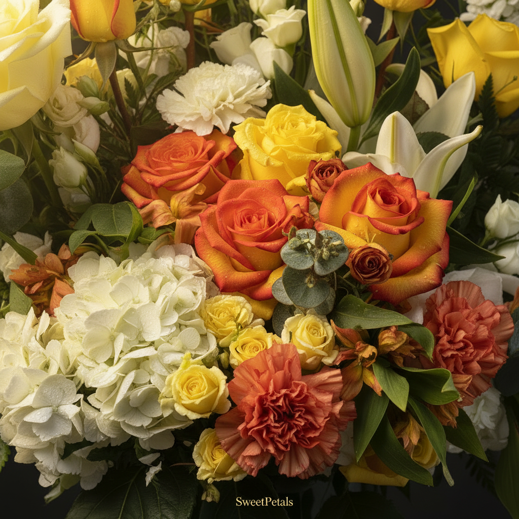 Close-up of orange-yellow bicolor roses yellow roses white oriental lilies white hydrangea and peach carnations on white marble – SweetPetals sunset glow signature luxury arrangement