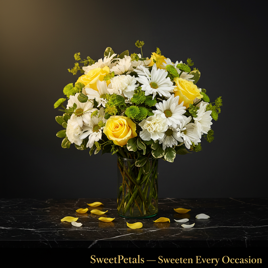 Sunshine and daisies yellow rose vase arrangement on dark marble with golden spotlight and SweetPetals gold foil slogan – SweetPetals luxury yellow rose white daisy birthday celebration gift New York