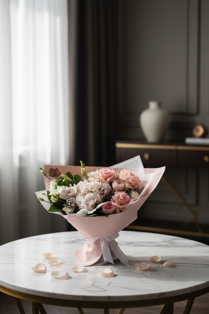 Elegant blush rose and lisianthus bouquet by window in luxury home – SweetPetals serene elegance premium floral gift