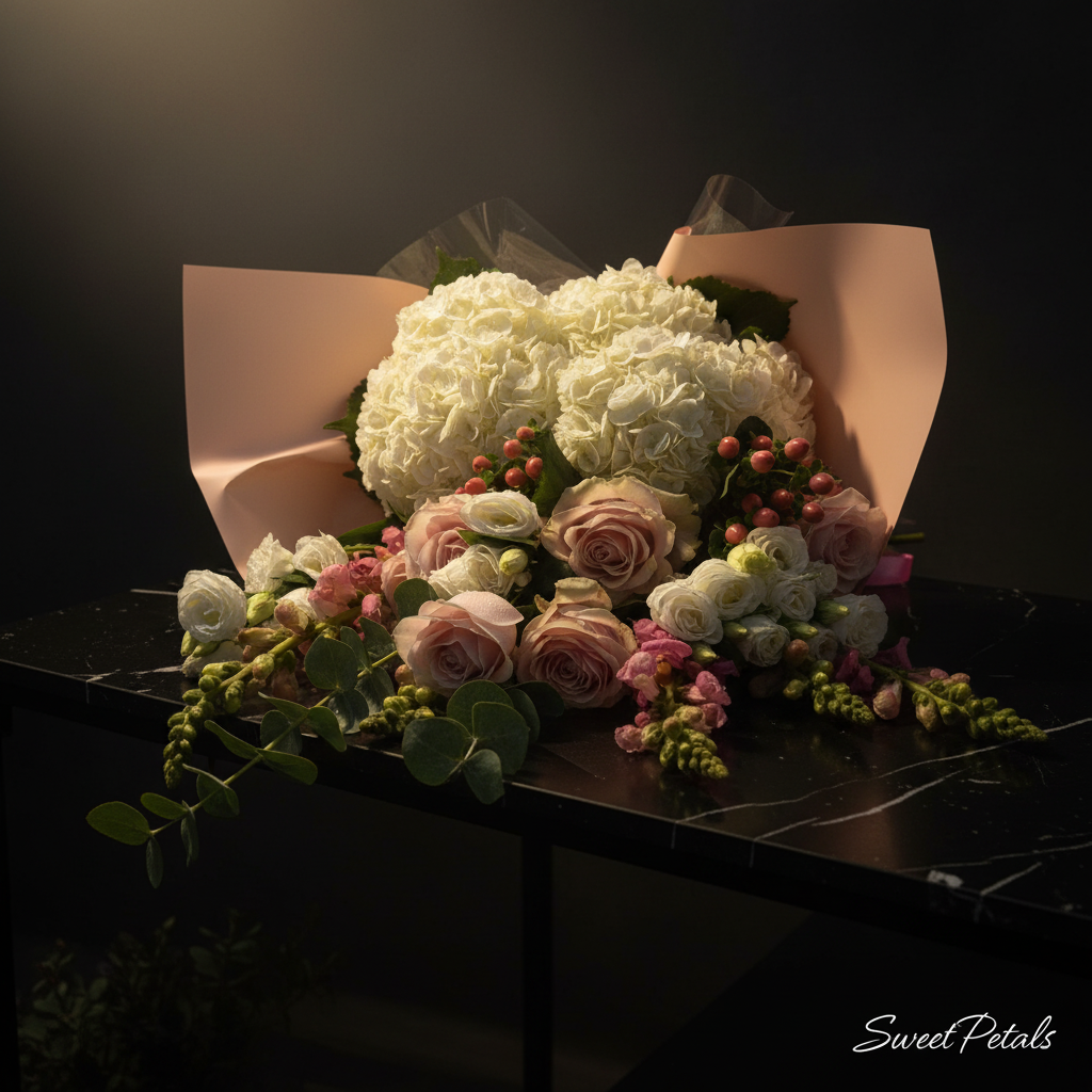 Close-up of white hydrangea blush roses lisianthus pink snapdragons and hypericum berries in pink paper bouquet – SweetPetals luxury Cloud Nine hydrangea rose bouquet