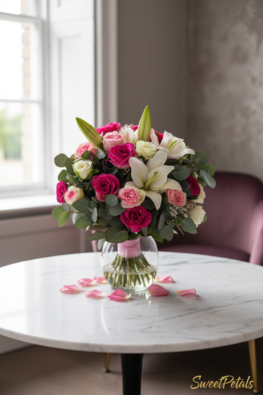 Elegant blossom romance pink rose and white lily vase by window in luxury home – SweetPetals premium flower gift