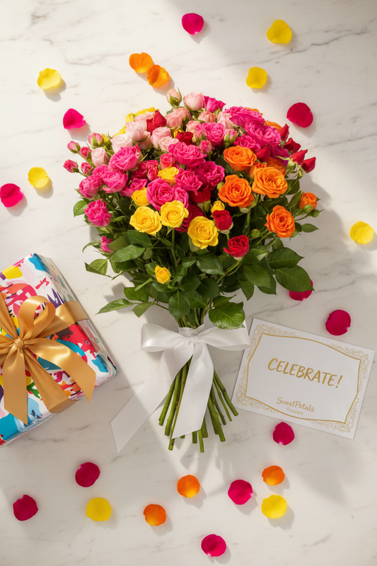 Flat lay rainbow mixed spray rose bouquet with colorful gift box on marble – SweetPetals luxury colorful rose gift delivery