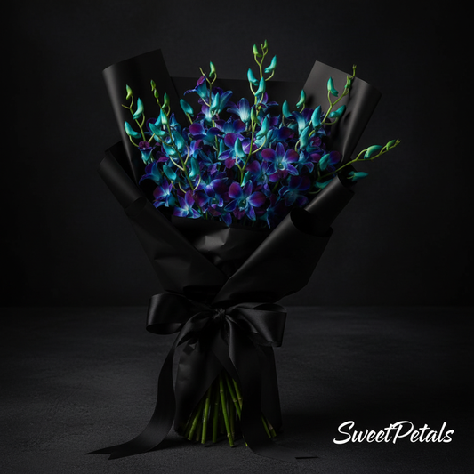 Blue purple orchid bouquet in black matte wrap with black ribbon – SweetPetals luxury orchids NYC