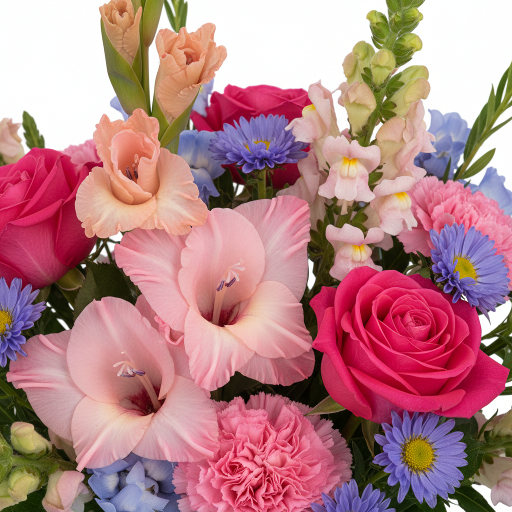Close-up of pink roses gladiolus and purple asters – SweetPetals premium flowers Brooklyn Manhattan