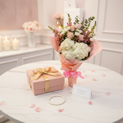 Flat lay Cloud Nine hydrangea and rose luxury bouquet with blush gift box and pearl necklace on white marble – SweetPetals luxury white hydrangea blush rose anniversary gift delivery New York
