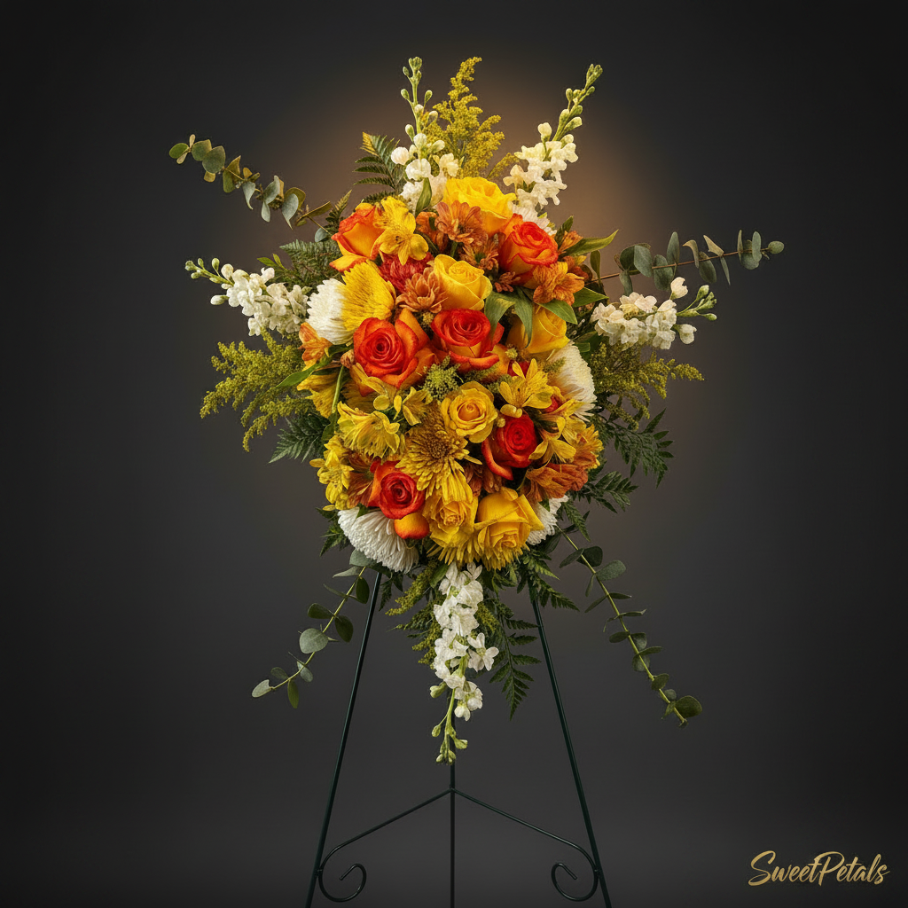 Golden Sunrise Sympathy Standing Spray | Luxury Orange Rose, Yellow Mum & Snapdragon Funeral Flower Arrangement on Easel