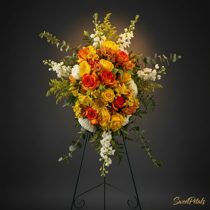 Golden Sunrise Sympathy Standing Spray | Luxury Orange Rose, Yellow Mum & Snapdragon Funeral Flower Arrangement on Easel