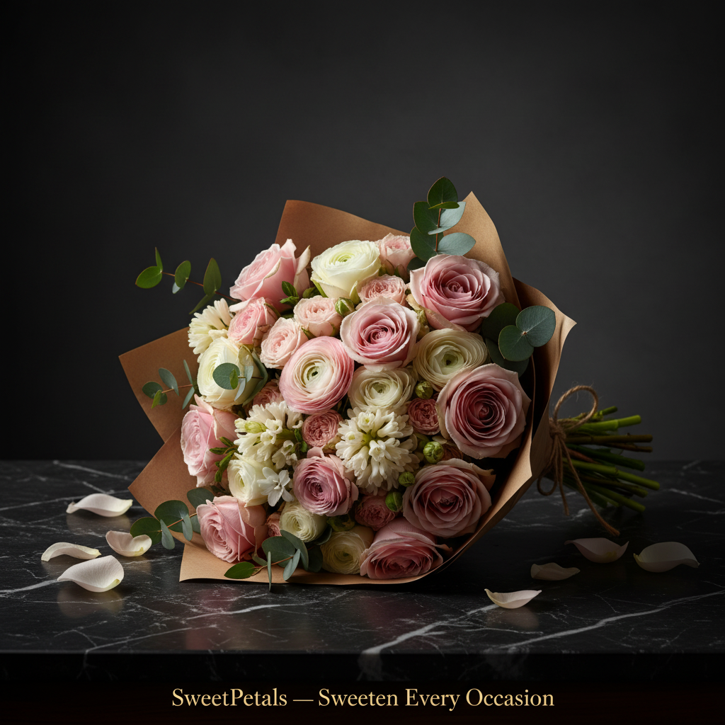 Earthy romance kraft bouquet on dark marble with golden spotlight and SweetPetals gold foil slogan – SweetPetals luxury blush rose mauve ranunculus birthday gift New York