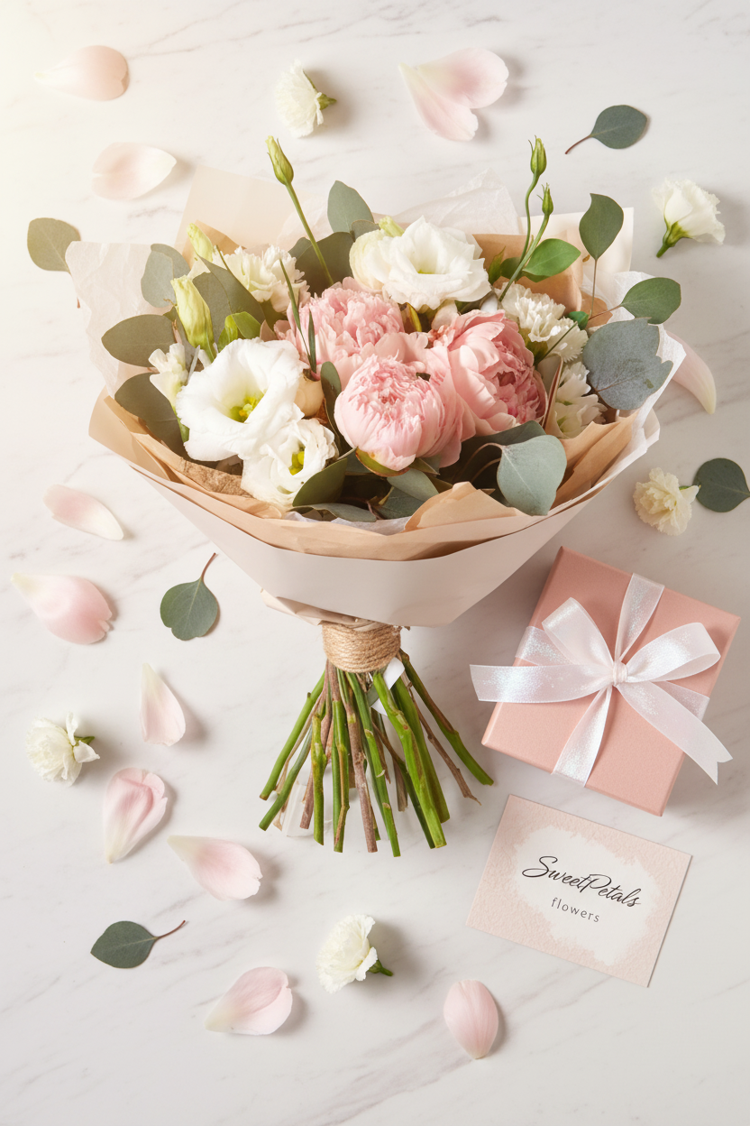 Flat lay blush peony lisianthus bouquet with pink gift box on marble – SweetPetals luxury flower gift delivery
