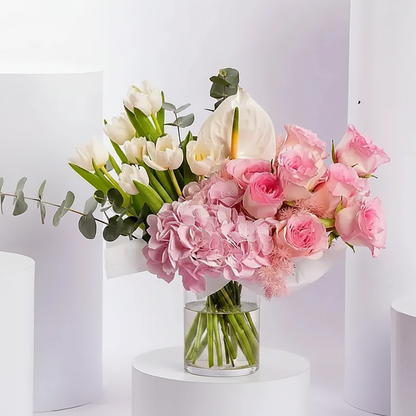 Blush Elegance Bouquet pink roses hydrangea white tulips anthurium in tall glass vase – SweetPetals NYC