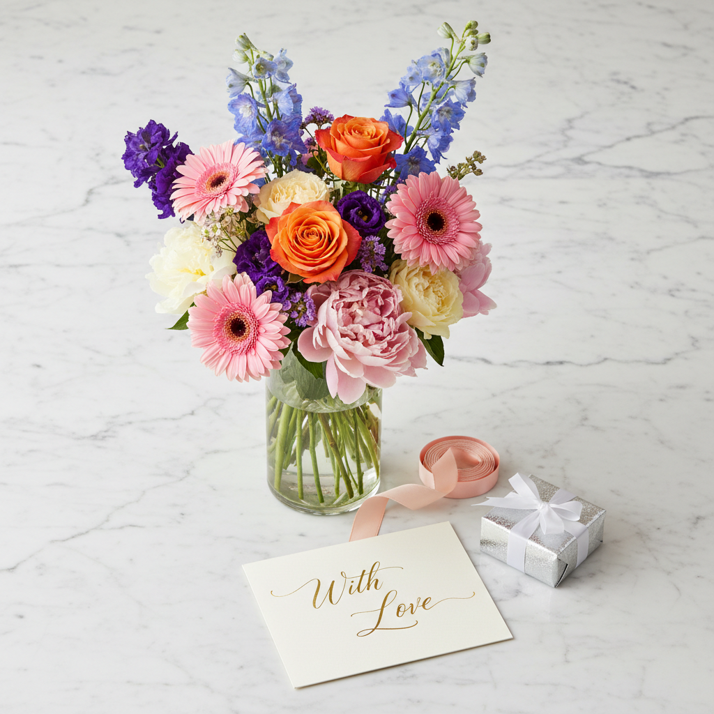 Colorful wildflower bouquet gift set in glass vase with greeting card and ribbon on marble surface - SweetPetals NYC flower delivery
