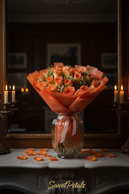 Elegant ember glow orange rose bouquet in glass vase on marble fireplace in luxury interior – SweetPetals premium peach coral rose gift New York