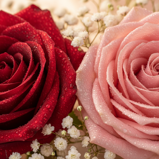 Close-up macro of red and pink roses with baby's breath – SweetPetals luxury flowers Brooklyn Manhattan