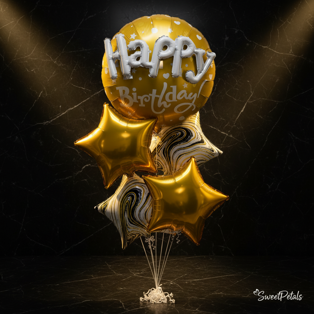 Close-up of gold Happy Birthday foil balloon with gold star balloons and marble swirl balloons on dark marble – SweetPetals gold birthday balloon bouquet