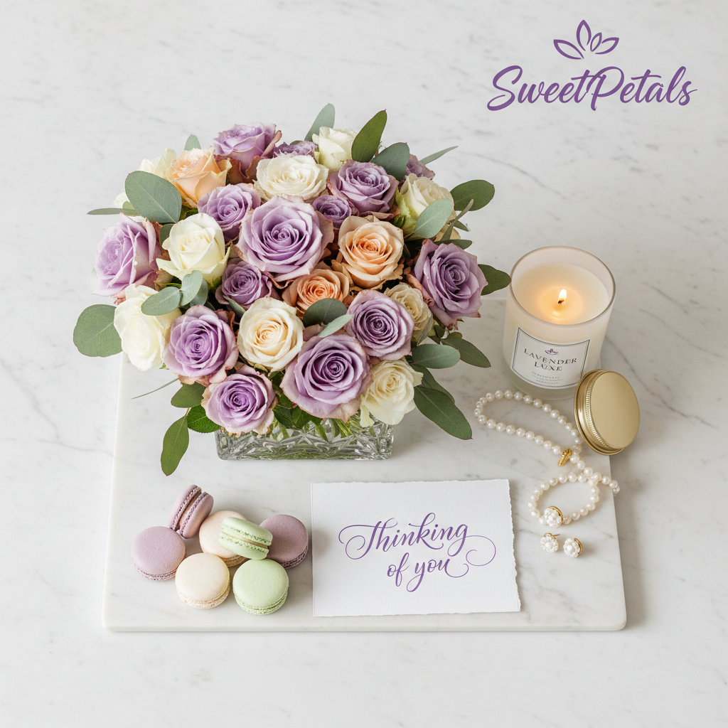 Pastel mixed rose vase flat lay with candle pearls macarons gift card – SweetPetals luxury gifting NYC
