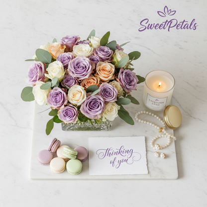 Pastel mixed rose vase flat lay with candle pearls macarons gift card – SweetPetals luxury gifting NYC