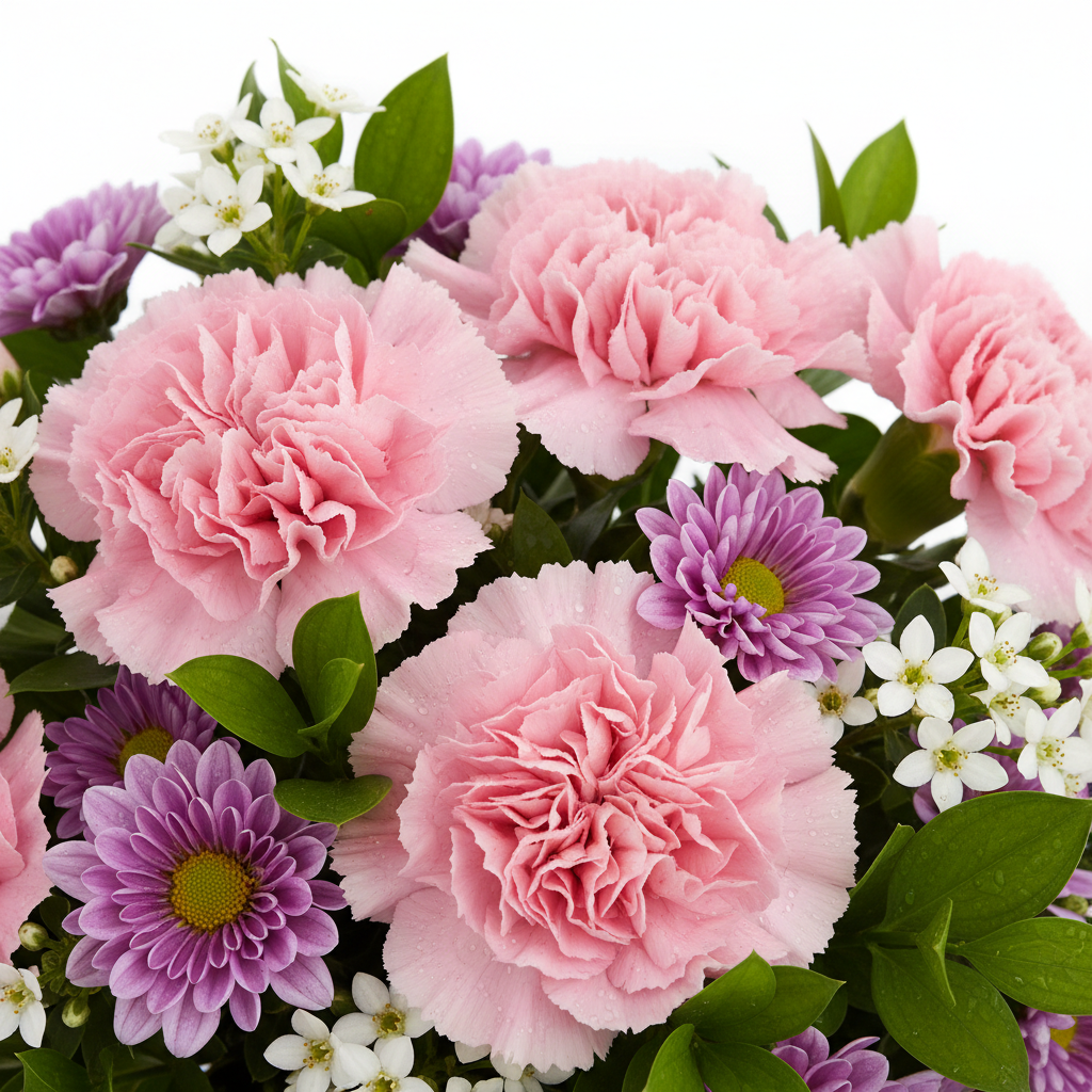 Close-up of pink carnations and purple chrysanthemums – SweetPetals premium flowers Brooklyn Manhattan