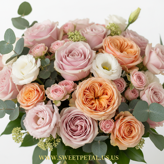 Close-up of fresh pink roses, spray roses and eucalyptus in luxury flower arrangement by SweetPetals NYC