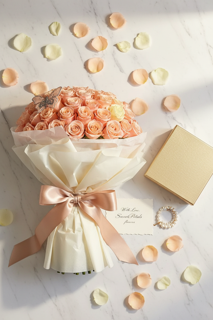 Flat lay butterfly dreams peach rose dome bouquet with gold gift box on marble – SweetPetals luxury 100-rose gift delivery
