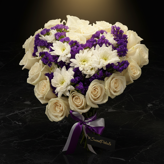 Close-up of white roses and purple statice heart bouquet with white chrysanthemums on dark marble – SweetPetals eternal embrace luxury heart arrangement