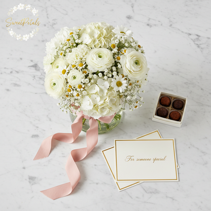 Flat lay white bouquet with gift elements – SweetPetals luxury flower gifting NYC