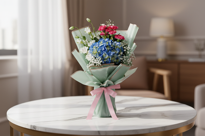 3D lifestyle render of blue hydrangea bouquet on marble table – SweetPetals NYC florist