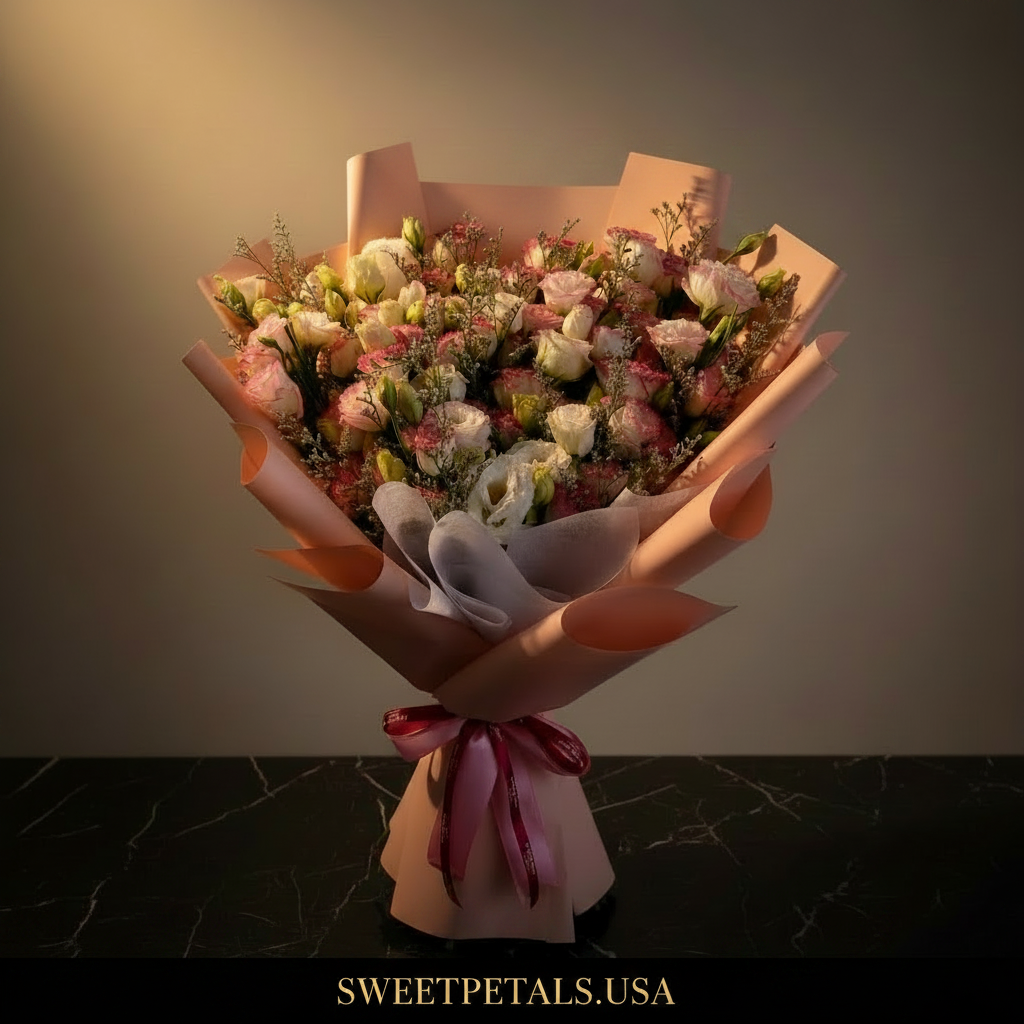 Close-up of blush pink and white lisianthus flowers with silver-grey limonium statice in blush peach wrap on dark marble with golden light – SweetPetals rose petal lisianthus luxury bouquet