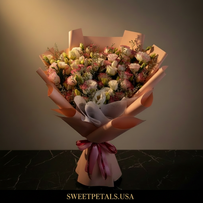 Close-up of blush pink and white lisianthus flowers with silver-grey limonium statice in blush peach wrap on dark marble with golden light – SweetPetals rose petal lisianthus luxury bouquet
