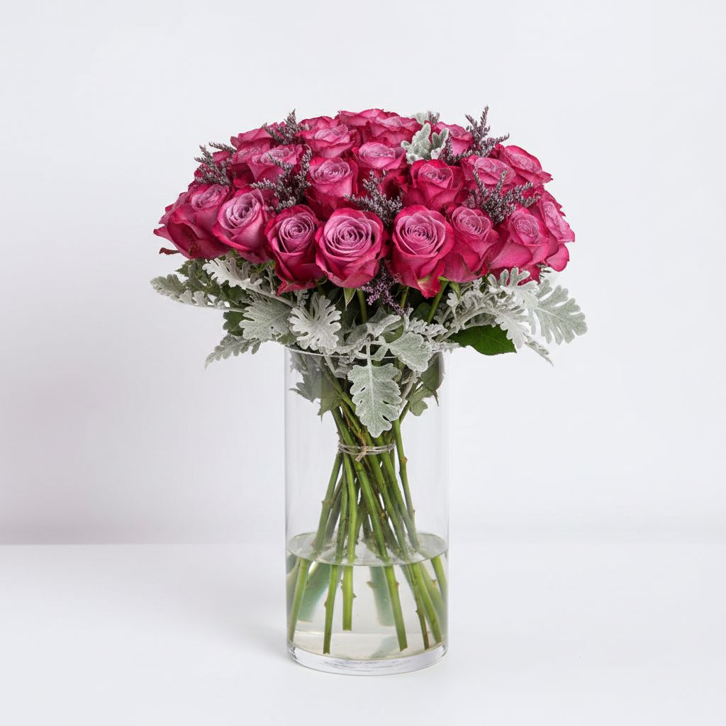 Luxury magenta spray roses in tall clear glass vase – SweetPetals premium flowers Brooklyn Manhattan