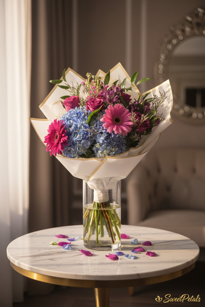 Elegant violet dream purple rose and blue hydrangea bouquet in glass vase by window in luxury home – SweetPetals premium floral gift