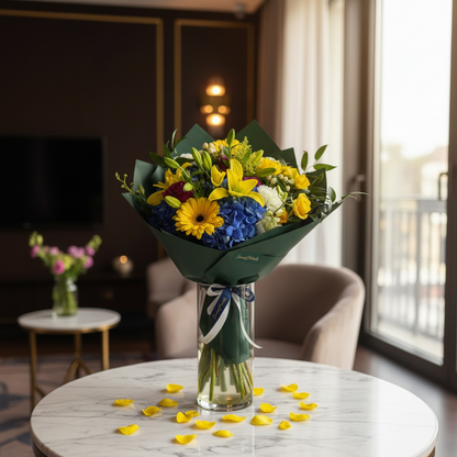 Elegant azure sunshine mixed flower bouquet in glass vase by window in luxury home – SweetPetals premium blue yellow floral gift