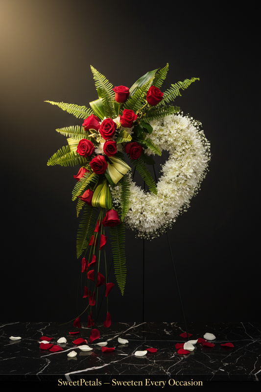 White wreath with red rose cascade sympathy tribute on black easel on dark marble with golden spotlight and SweetPetals gold foil slogan – SweetPetals luxury chrysanthemum wreath red rose funeral tribute New York