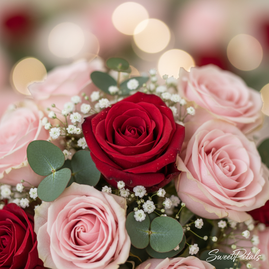 Close-up pink and red rose blooms with baby's breath – SweetPetals premium roses NYC
