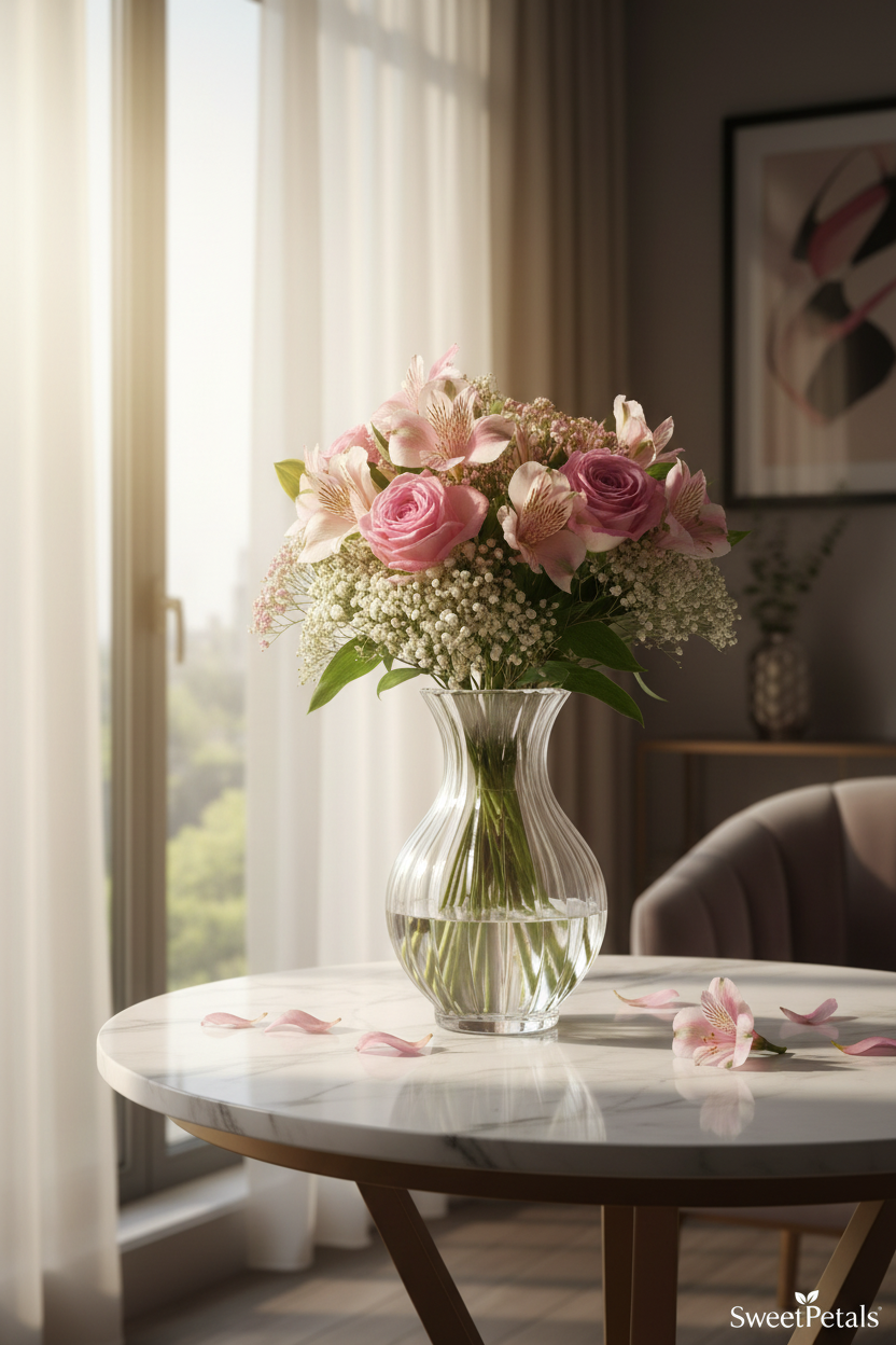 Elegant pink alstroemeria and rose bouquet in glass vase by window in luxury home – SweetPetals premium romantic floral gift
