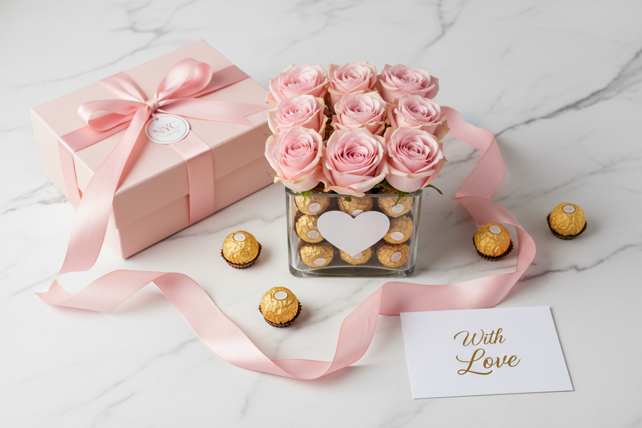 Pink roses and chocolate flat lay with gift box – SweetPetals luxury flower delivery NYC