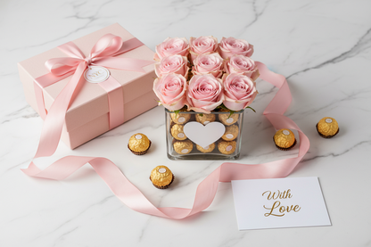 Pink roses and chocolate flat lay with gift box – SweetPetals luxury flower delivery NYC