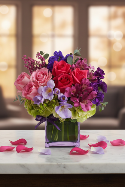 Elegant jewel garden cube vase arrangement on white marble desk in luxury home office with golden light – SweetPetals premium rose purple stock hydrangea gift New York