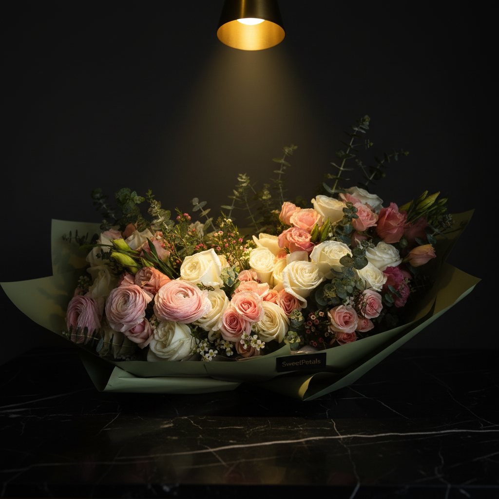Close-up of white garden roses pink ranunculus blush spray roses and eucalyptus in sage green wrap – SweetPetals garden romance luxury bouquet