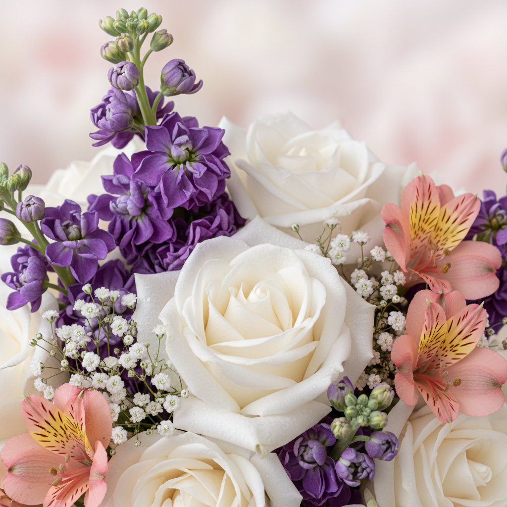 White Rose & Purple Stock Vase Arrangement – Pink Alstroemeria & Baby's Breath in Glass Vase