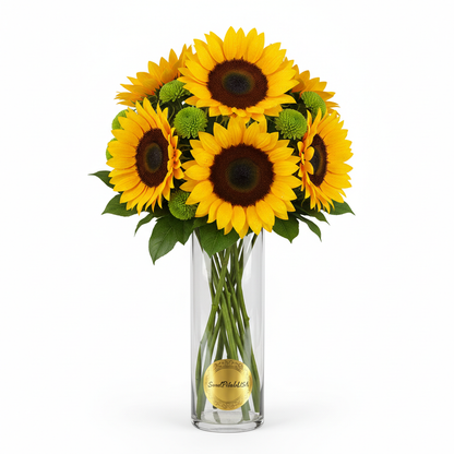 Close-up golden sunflowers in simple glass cylinder vase with SweetPetalsUSA logo — premium flower arrangement USA