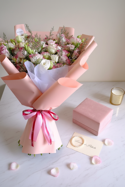 Flat lay rose petal lisianthus bouquet with blush velvet gift box and gold pearl bracelet on marble – SweetPetals luxury blush pink lisianthus gift delivery